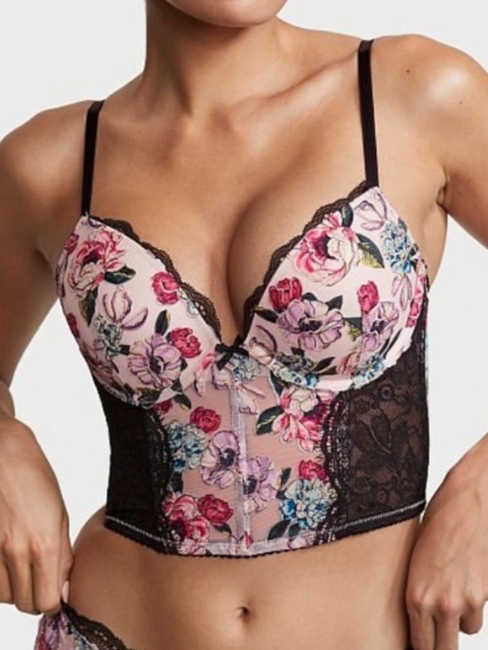 Victoria’s Secret’s Very Sexy Rose Embroidered Pink Black Push-Up Corset Bra 34B